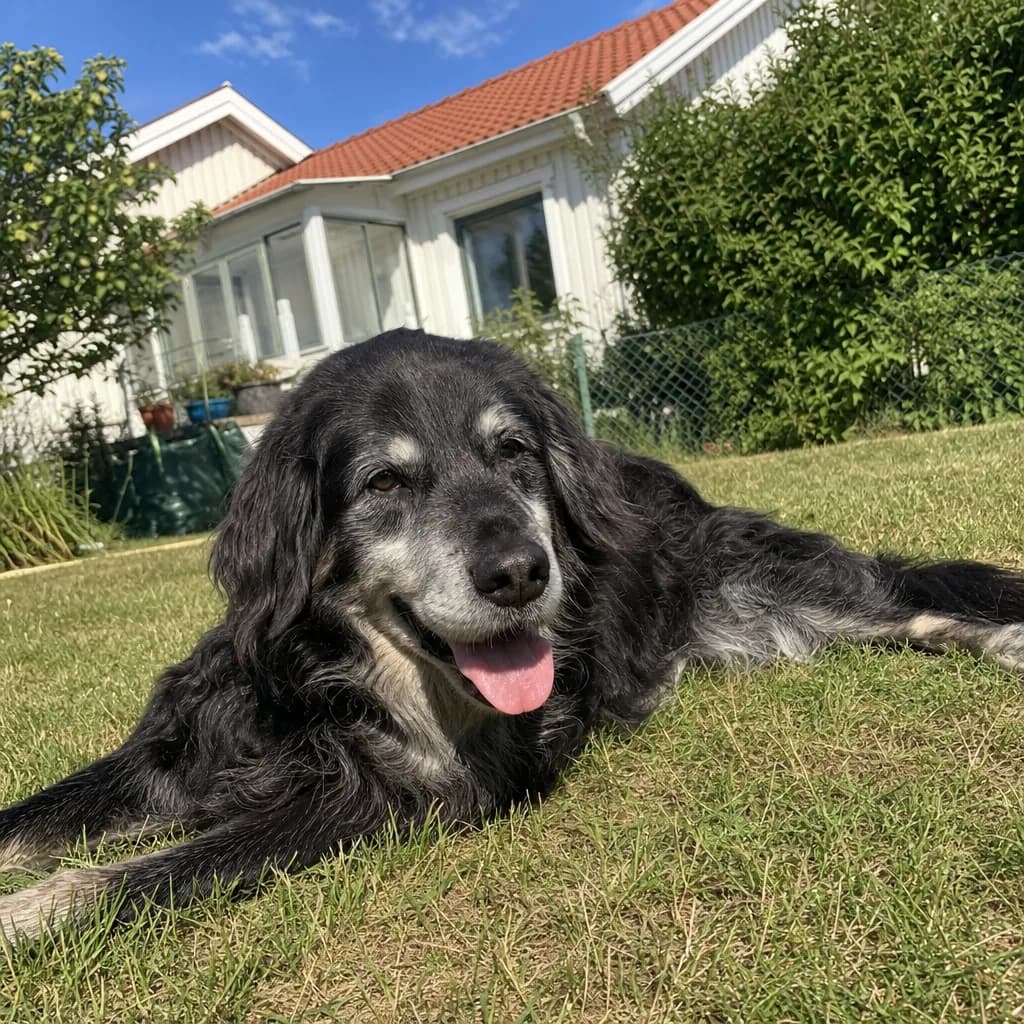 Ägare som håller kopplet avslappnat medan hunden går framför.