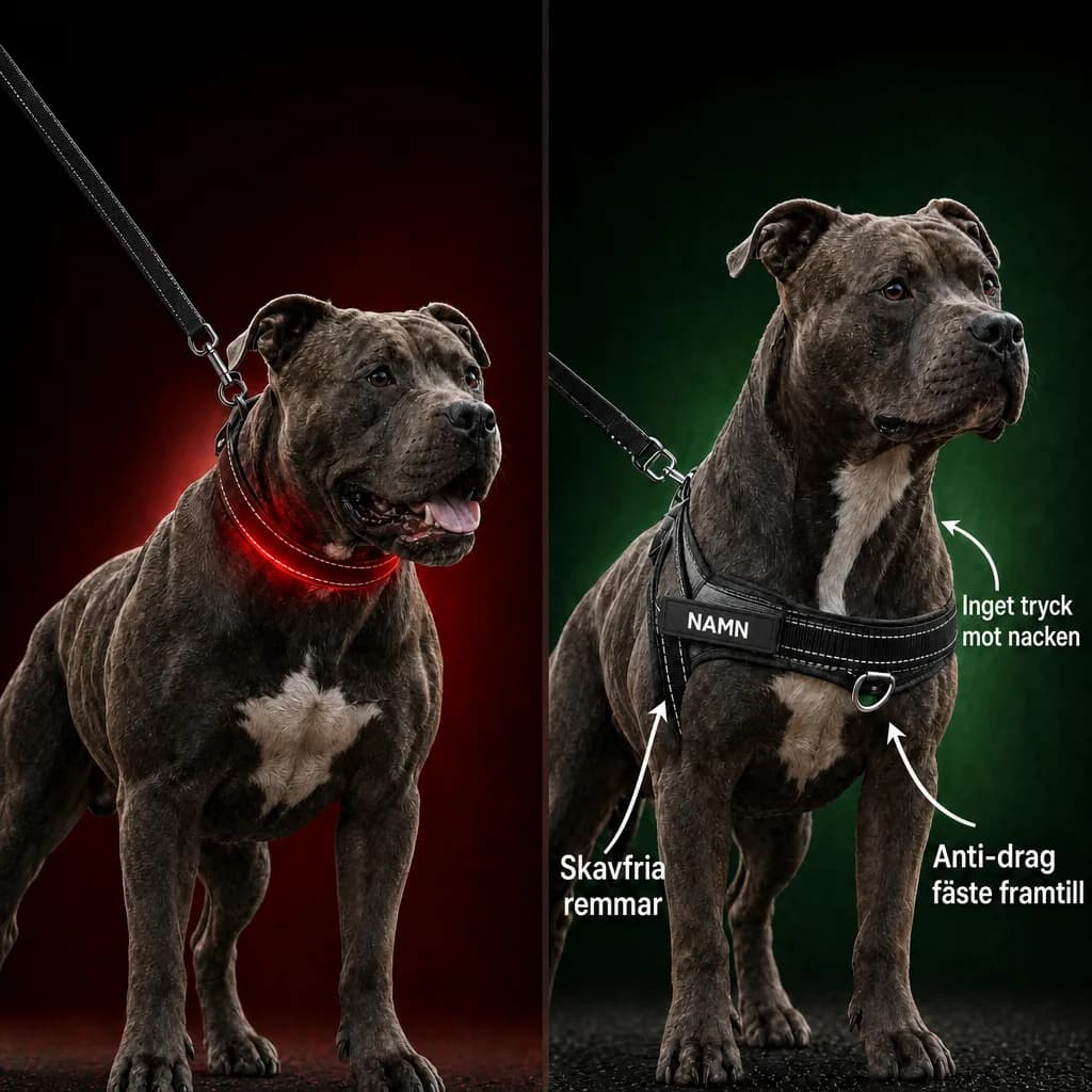 Jämförelse av vanligt halsband mot Dog Control Pro-sele, som visar hur selen undviker tryck mot nacken och skav.